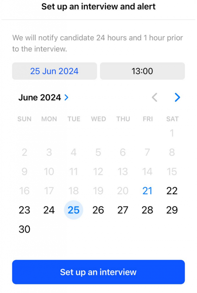 Calendar to schedule an interview on Job Today