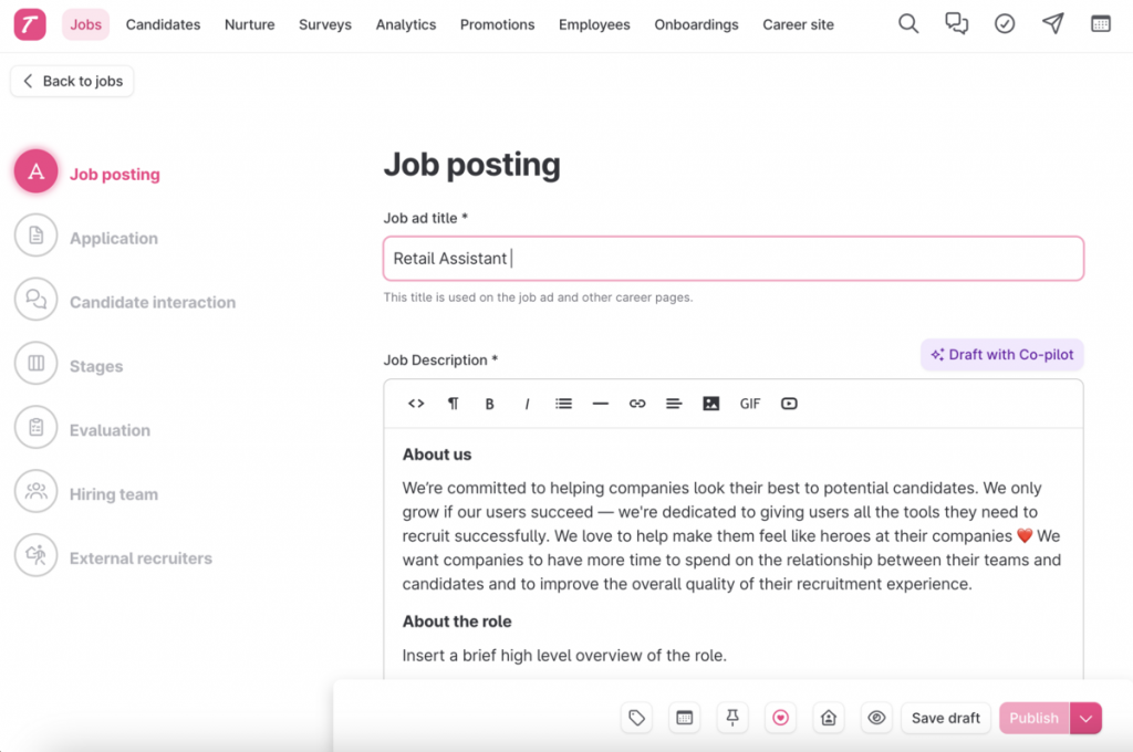 Job post screen on TeamTailor